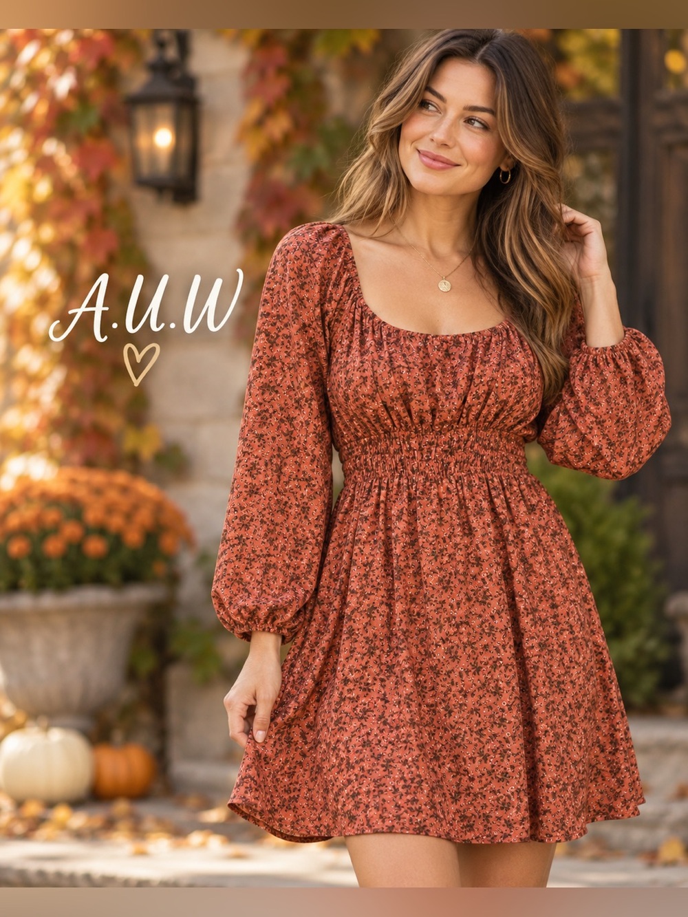 AUW Floral Smocked Waist Mini Dress Rust Orange Long Sleeve Size L